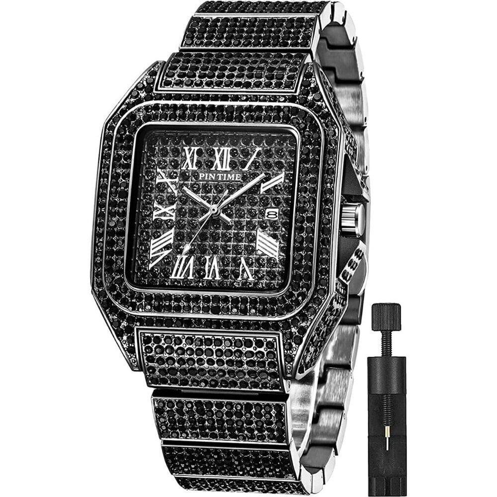 🆕Gosasa Analog Quartz Men Black Fashion Crystal Stainless Bracelet Wristwatch